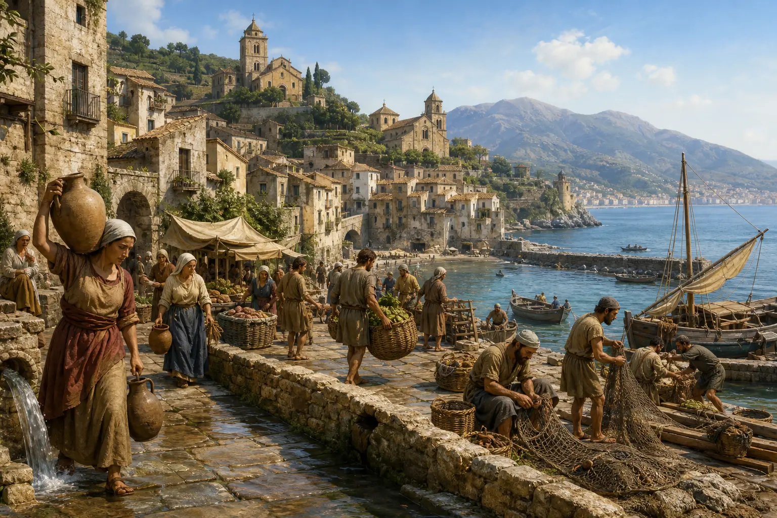Illustration of Salerno's harbor, hillside neighborhoods, and everyday workers during the 11th century.