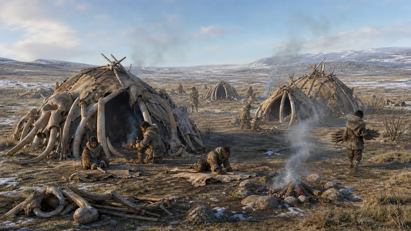 Reconstruction of an Upper Paleolithic mammoth bone camp with hide shelters, hearths, and daily work.